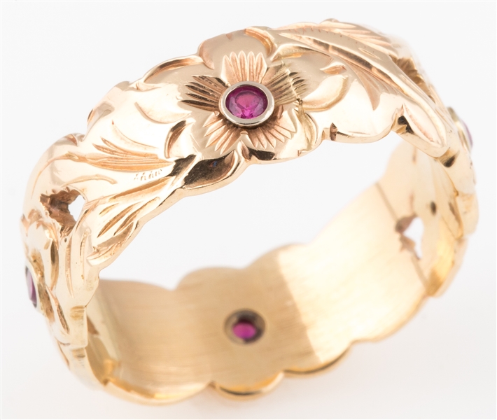 14K YELLOW GOLD & RUBY FLORAL WIDE BAND RING
