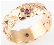 14K YELLOW GOLD & RUBY FLORAL WIDE BAND RING