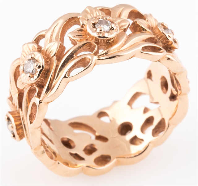 14K YELLOW GOLD & DIAMOND FLORAL WIDE BAND RING