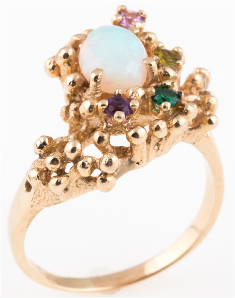 14K YELLOW GOLD OPAL & MULTI-STONE FREE FORM RING 