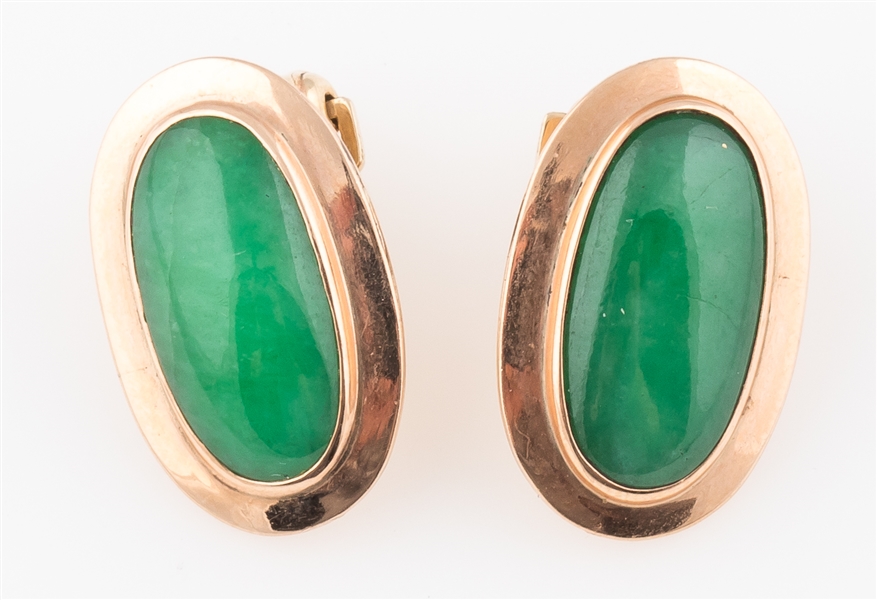 14K YELLOW GOLD JADE CABOCHON CLIP ON EARRINGS