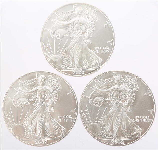 2002 UNITED STATES SILVER AMERICAN EAGLES - LOT OF 3