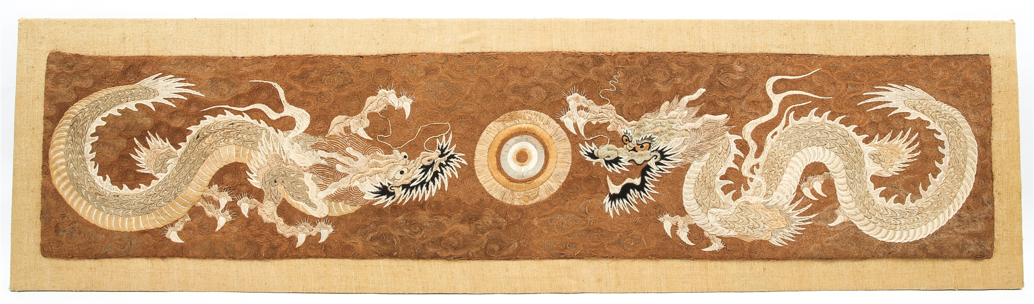 LARGE CHINESE SILK EMBROIDERED PANEL OF DRAGONS