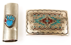 NICKEL SILVER TURQUOISE CORAL INLAY CASE & BUCKLE