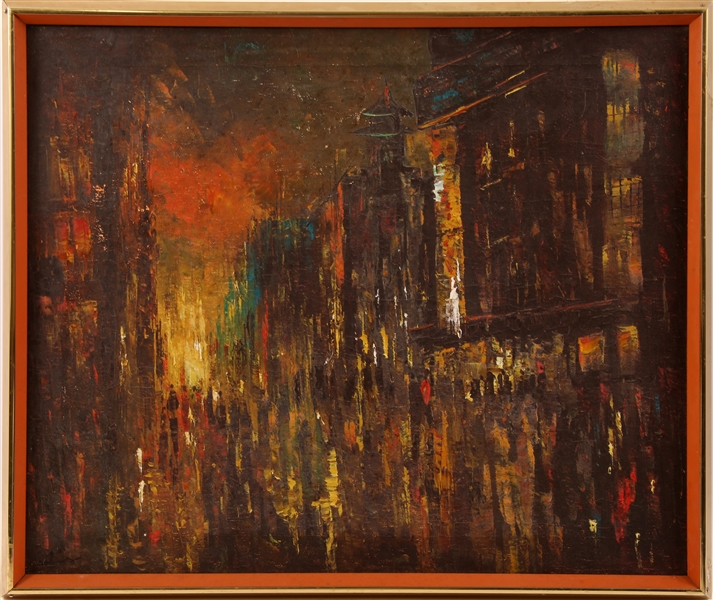 ABSTRACT NIGHTTIME CITYSCAPE FRAMED OIL PAINTING