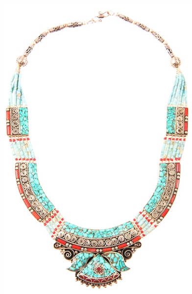 TIBETAN TURQUOISE AND CORAL WHITE METAL NECKLACE