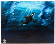 JIM RUSSELL "ORCA AMONG THE ICEBERGS" OIL ON CANVAS