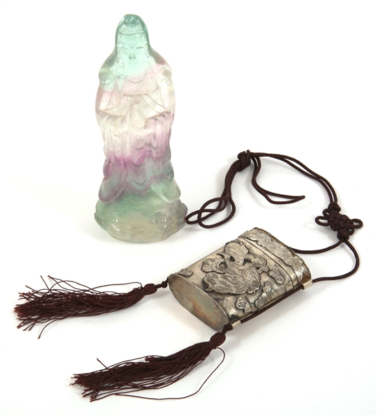 CHINESE GUANYIN FLUORITE STATUE & METAL INCENSE HOLDER