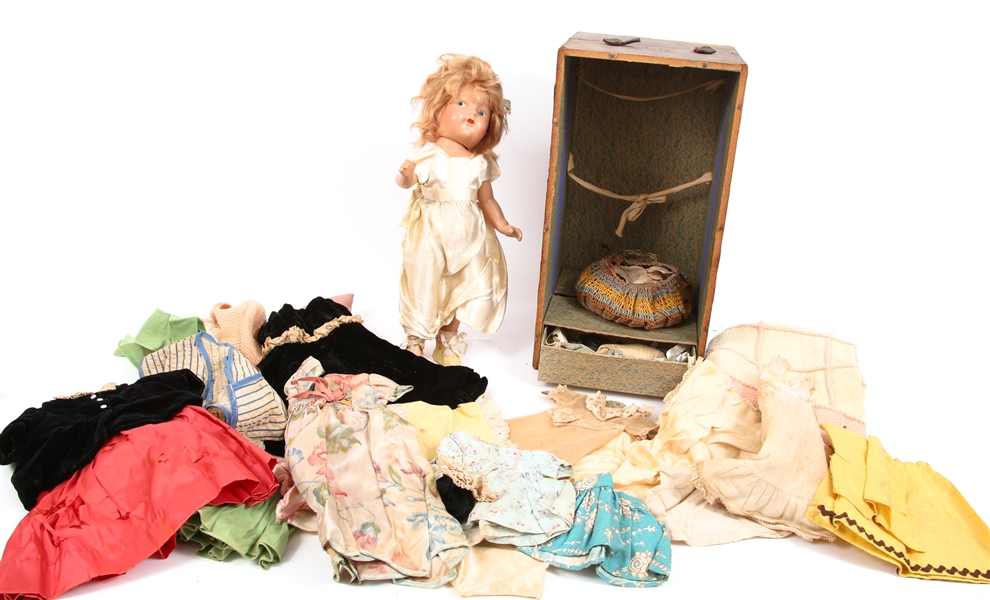 1930s COMPOSITION DOLL WITH WARDROBE, MINIATURE DOLLS