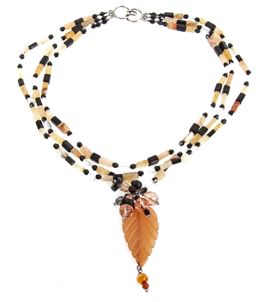 AGATE & ONYX BEADED THREE-STRAND NECKLACE