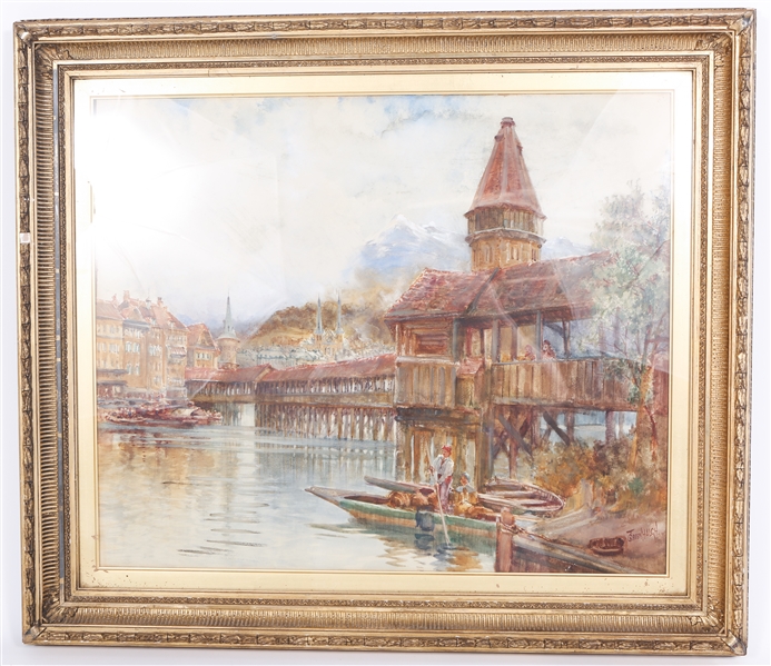 19TH C. T. GREENHALGH WATERCOLOR OF LUCERNE - SIGNED