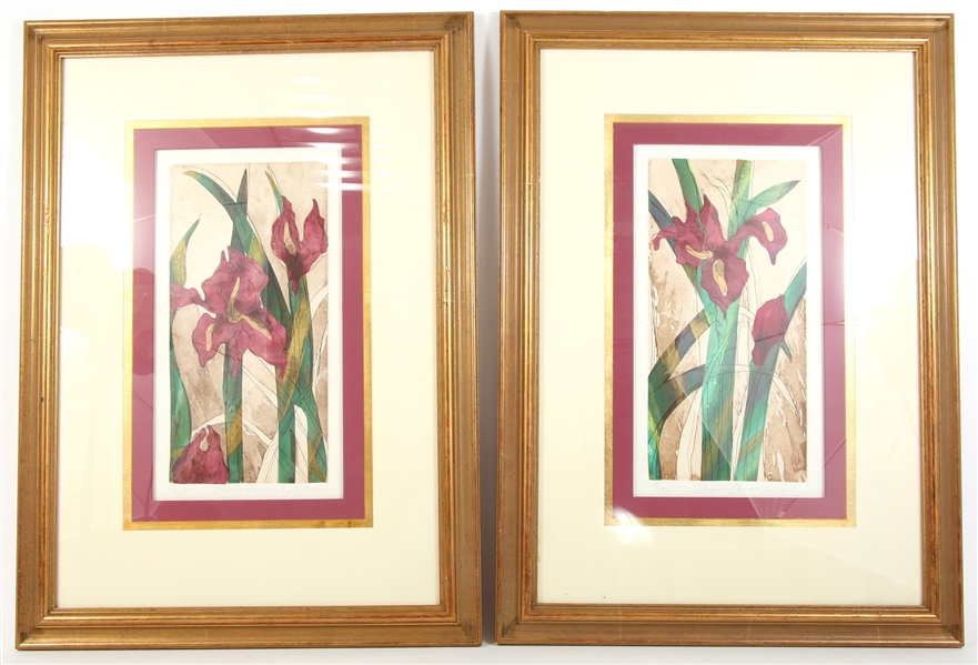 "CRIMSON BLOSSOMS I & II" FRAMED CHINE COLLE ETCHINGS