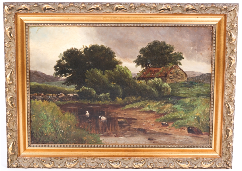 20TH C. PASTORAL SCENE WITH SWANS OIL ON CANVAS SIGNED