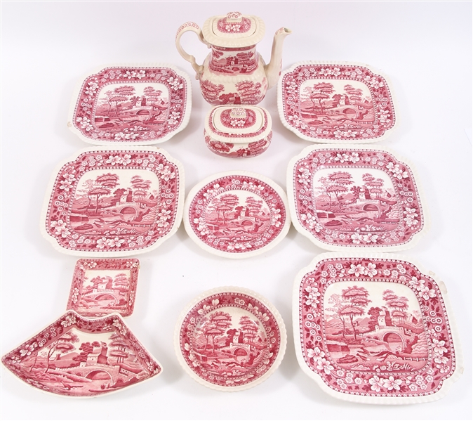 COPELAND SPODES TOWER RED DISHES, CHIPPED - LOT OF 11