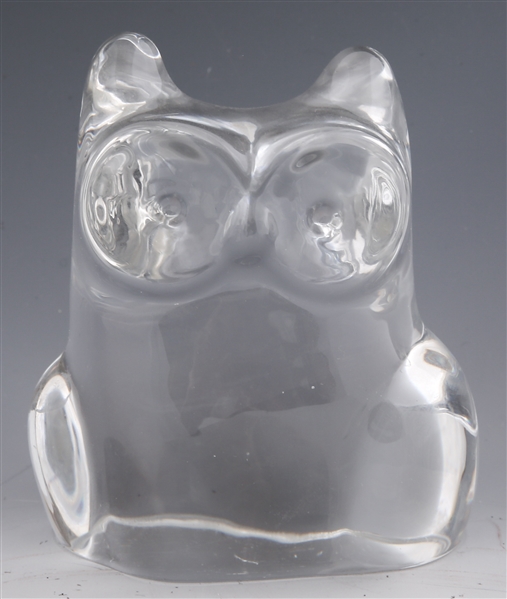 ORREFORS CRYSTAL OWL PAPERWEIGHT - SIGNED