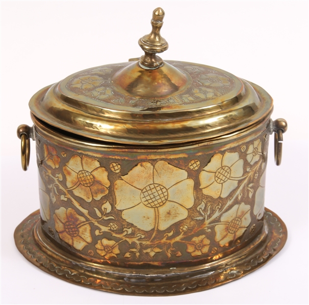 BRASS ENGLISH BISCUIT WARMER WITH FLORAL DESIGN