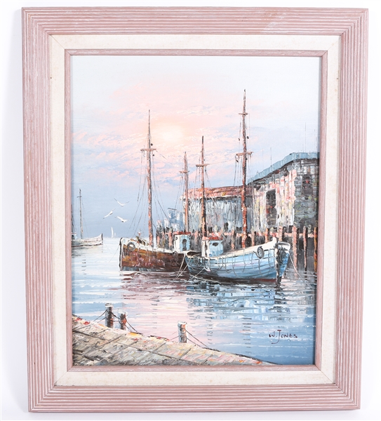 W. JONES BOATS AT HARBOR OIL ON CANVAS - SIGNED
