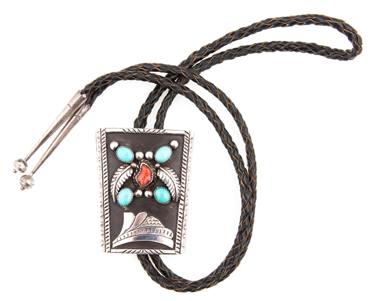 NATIVE AMERICAN STERLING TURQUOISE & CORAL BOLO TIE
