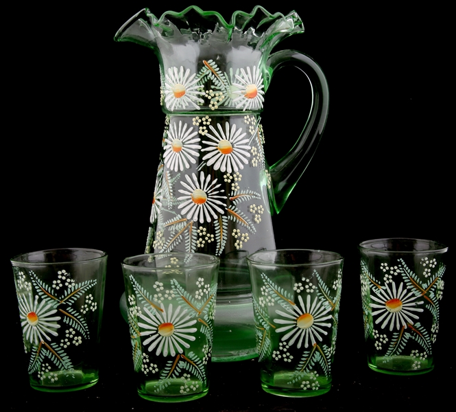 HAND PAINTED DAISY ENAMELED PITCHER & CUPS - LOT OF 5