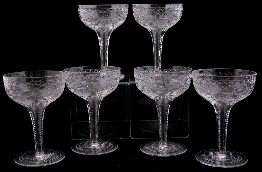 HAWKES ETCHED, CUT CRYSTAL CHAMPAGNE GLASSES - LOT OF 6