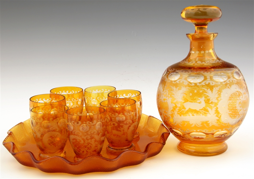 AMBER CUT-TO-CLEAR GLASS DECANTER SET - LOT OF 11