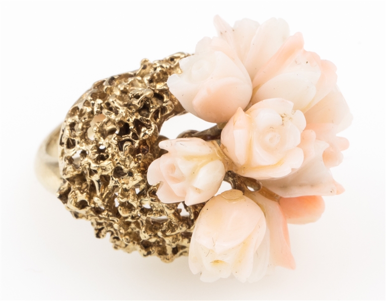 14K YELLOW GOLD ANGEL SKIN CORAL FLOWER BOUQUET RING