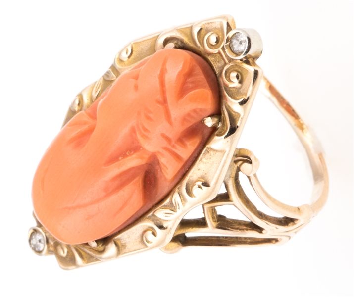 VICTORIAN 10K YELLOW GOLD CORAL CAMEO DIAMOND RING