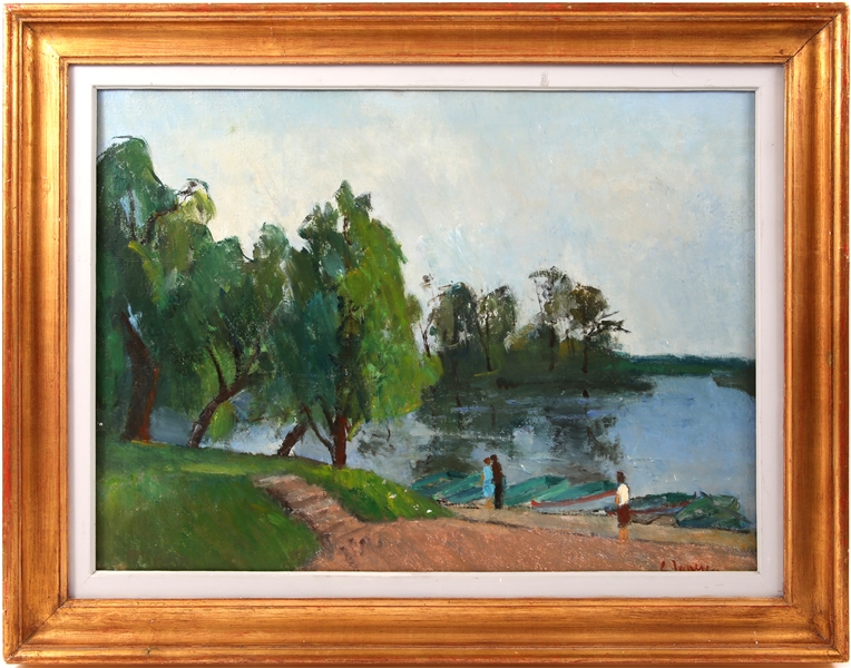 GHEORGHE IONESCU "LANDSCAPE WITH PIER" OIL ON CANVAS
