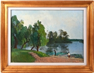 GHEORGHE IONESCU "LANDSCAPE WITH PIER" OIL ON CANVAS