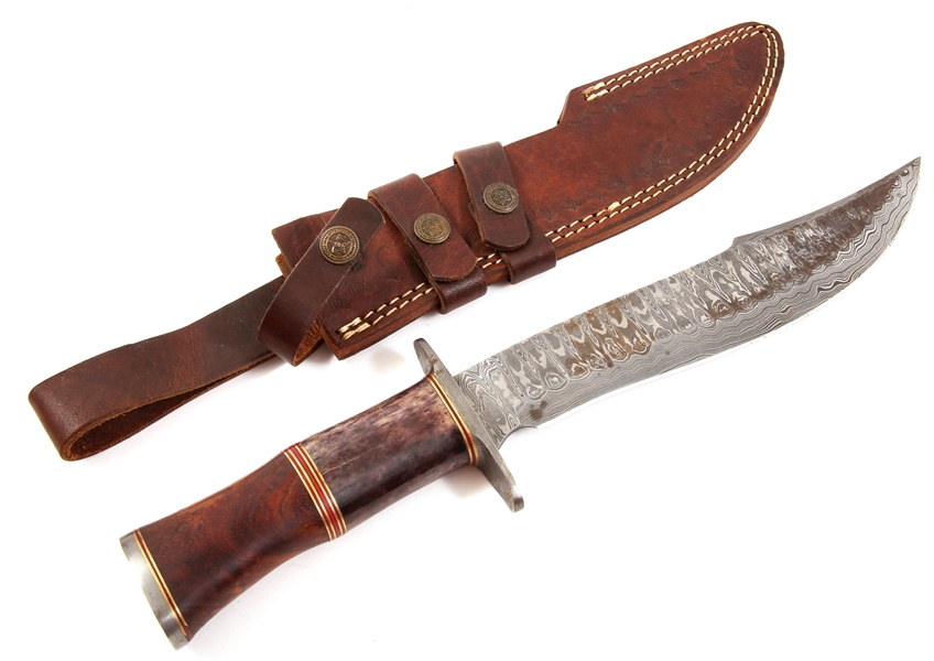 DAMASCUS BLADE HUNTING BOWIE KNIFE WITH LEATHER SHEATH