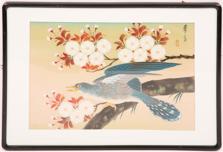 FRAMED CHINESE SILK PAINTING OF A CUCKOO