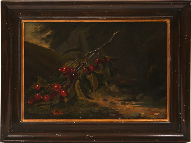 19TH C. OIL ON CANVAS CHERRY STILL LIFE BY ROSE G. 