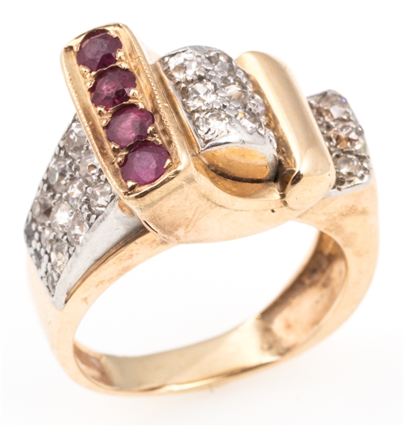 14K YELLOW GOLD DIAMOND & RUBY BUCKLE STYLE RING