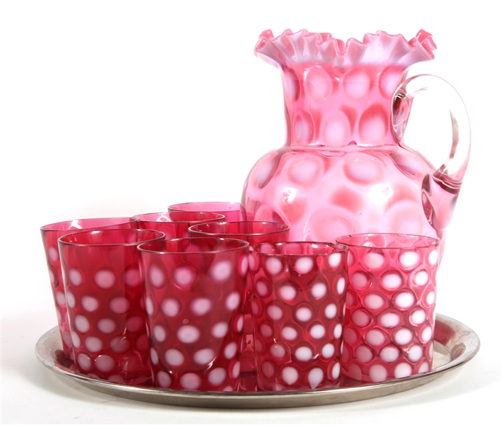CRANBERRY OPALESCENT GLASS PUNCH SET - LOT OF 10