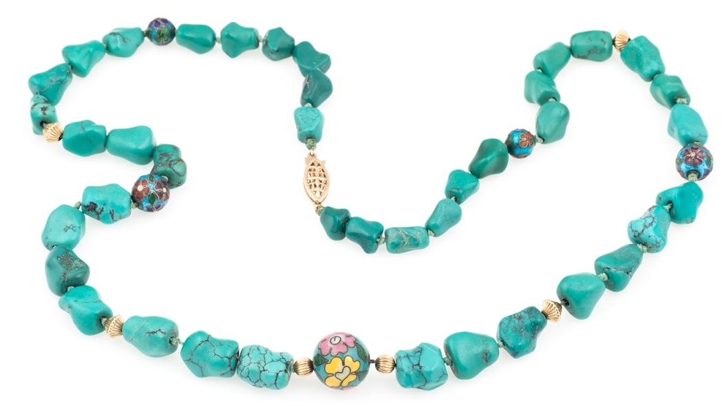 14K YELLOW GOLD CLOISONNE & DYED HOWLITE NECKLACE