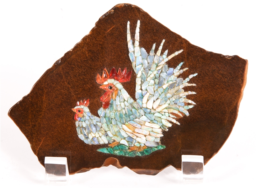 CHINESE MICRO MOSAIC ROOSTER AND HEN ON STONE PLAQUE