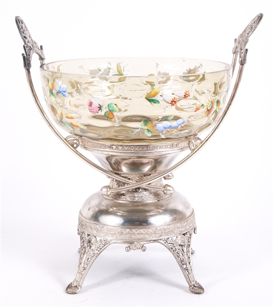 19TH C. GLASS PUNCH BOWL WITH SILVER PLATE STAND