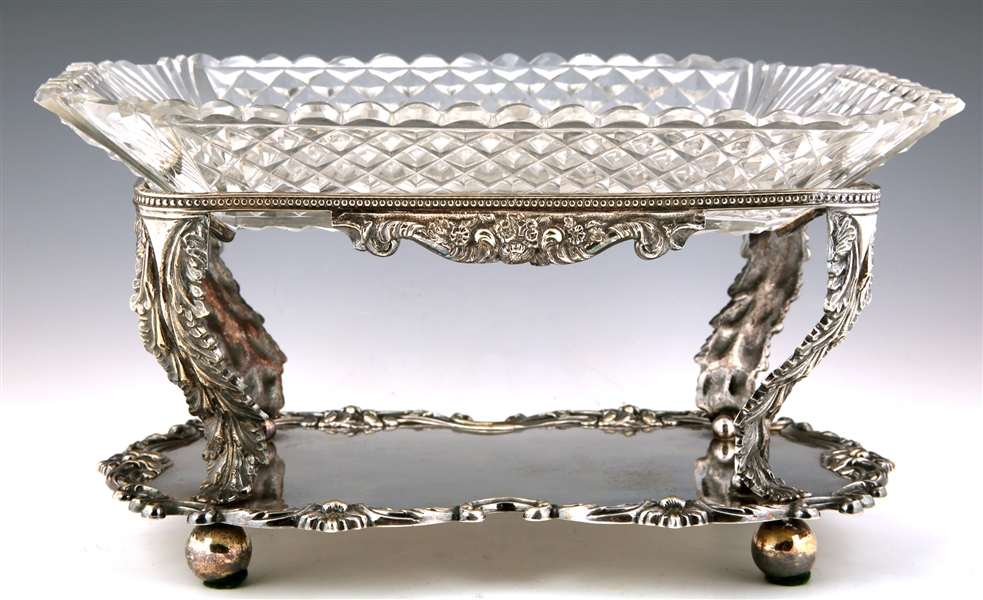 G.F. HAMILTON SILVER PLATE AND CUT GLASS SERVING TRAY