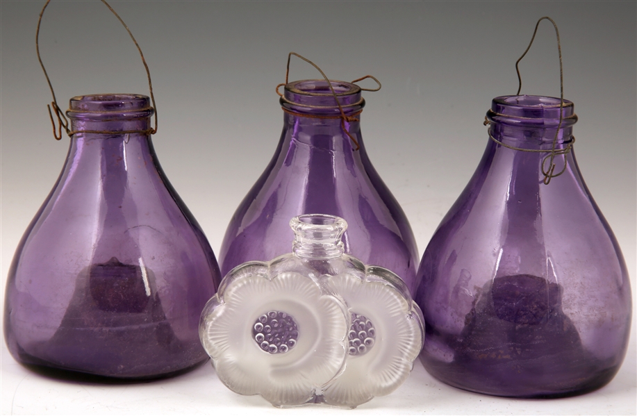 20TH C. GLASS AMETHYST FLY TRAPS & CLEAR BOTTLE