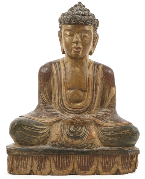 CARVED WOODEN SEATED MEDITATING BUDDHA STATUE