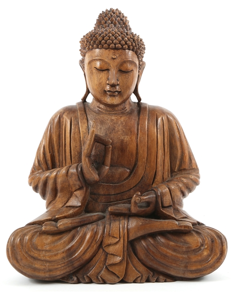 CARVED WOODEN SEATED BUDDHA STATUE