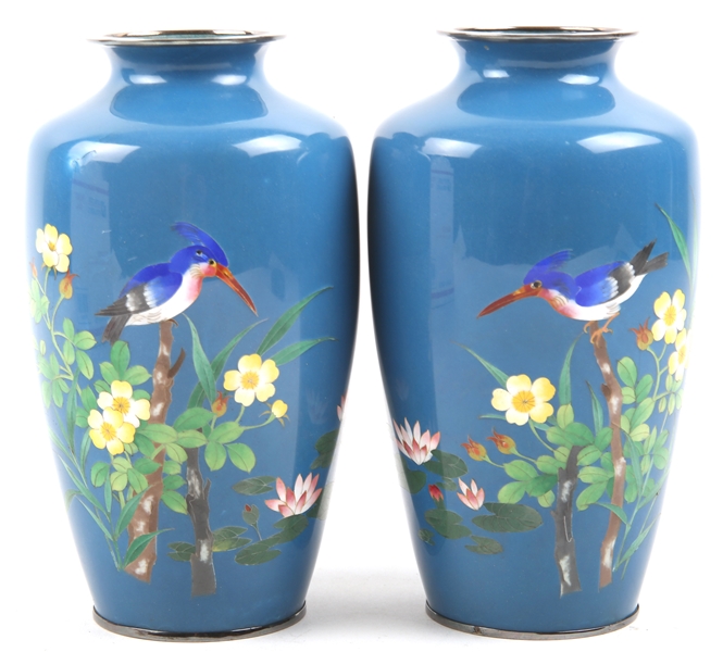 CLOISONNE VASES WITH KINGFISHER BIRDS - PAIR