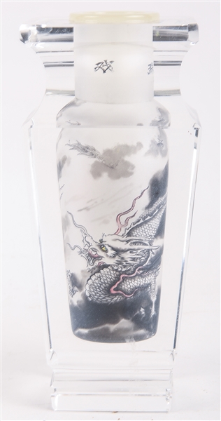 REVERSE PAINTED GLASS BUD VASE WITH DRAGON DESIGN