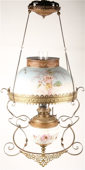19TH C. BRADLEY & HUBBARD HANGING PARLOR OIL LAMP