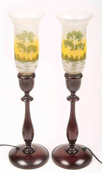 PAIR OF PAIRPOINT HURRICANE GLASS CONVERTED LAMPS