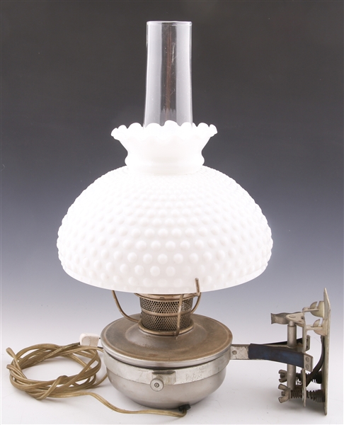 CONVERTED KEROSENE LAMP WITH HOBNAIL MILK GLASS