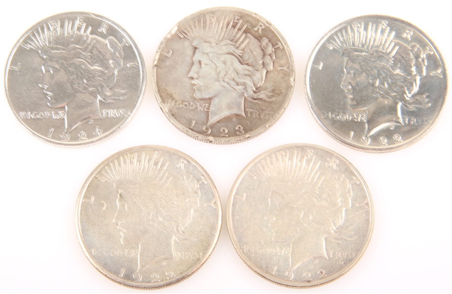 UNITED STATES PEACE SILVER DOLLARS - 1922-1924 LOT OF 5