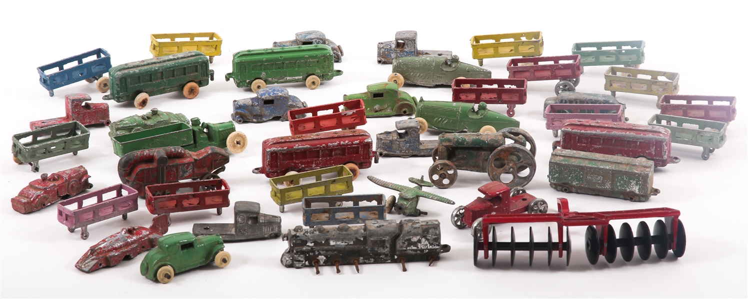 METAL TOY CARS, TRUCKS, TRAIN CARS & MORE - LOT OF 42