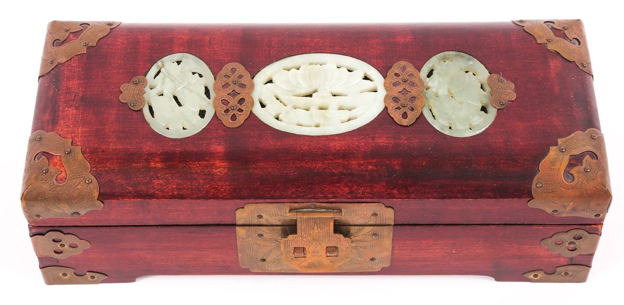 CHINESE ROSEWOOD & CARVED JADE JEWELRY BOX