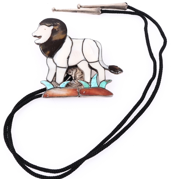 BENNETT STERLING SILVER INLAID M.O.P. & TURQUOISE LION BOLO TIE